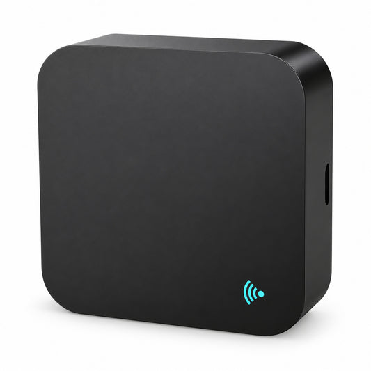 Black USB-powered Zigbee infrared remote controller with turquoise signal symbol