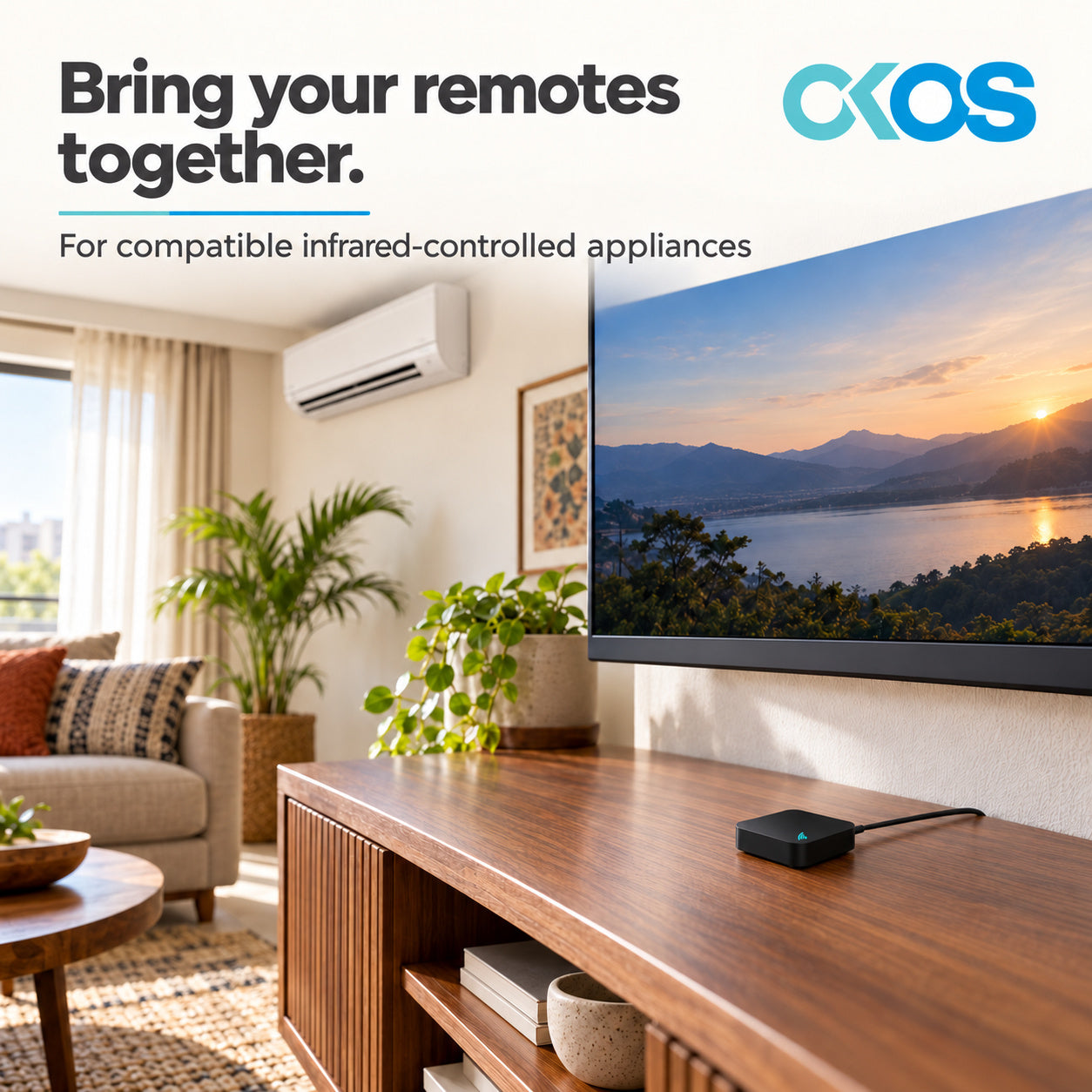 Zigbee IR controller in an illustrative living room with TV and air conditioner