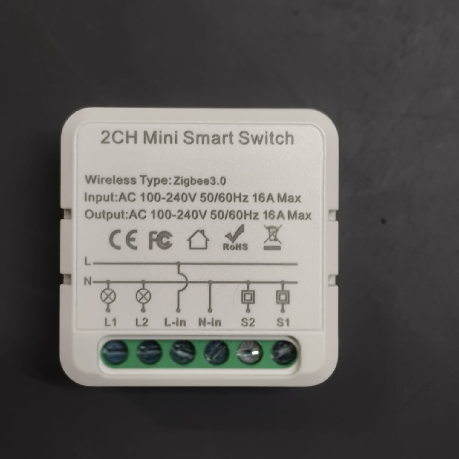 OKOS 2-gang Zigbee smart switch module original product label and terminals