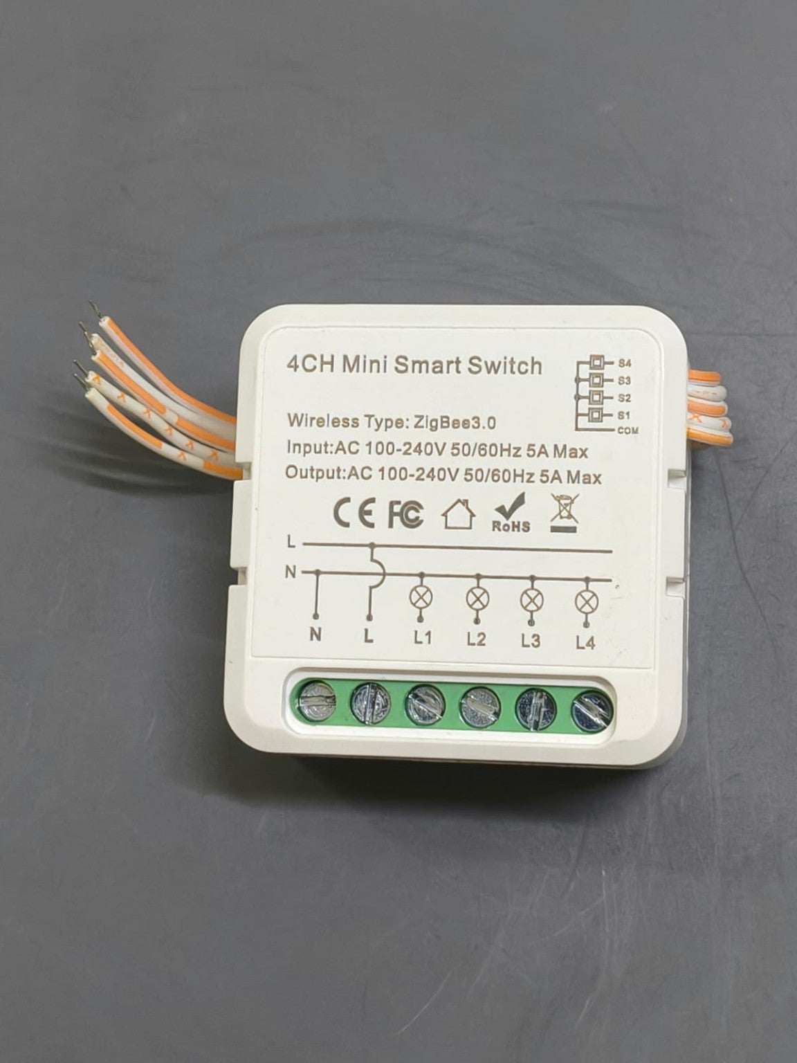 OKOS 4-gang Zigbee smart switch module original product label and terminals