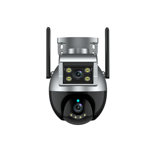 OKOS Dual Lens Outdoor camera shown on white, with its source-matched housing and lens arrangement.